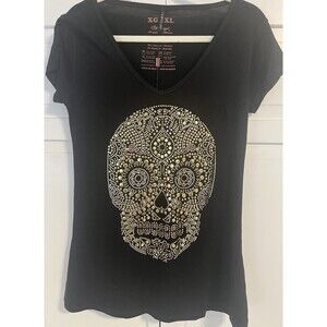 Ay Guey Black Studded Gold Skull Tshirt Size XL NWT